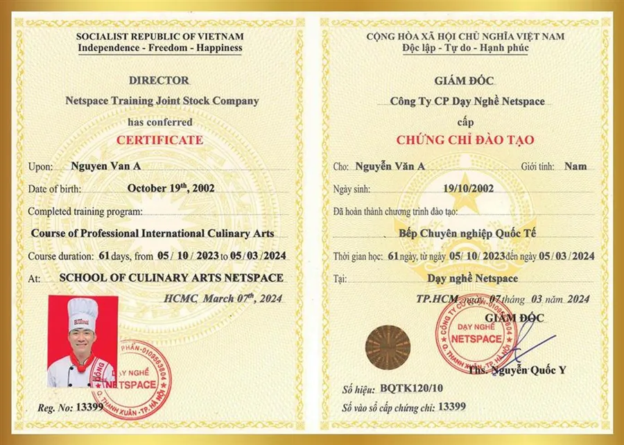 Chứng chỉ song ngữ khóa Bếp chuyên nghiệp Quốc tế